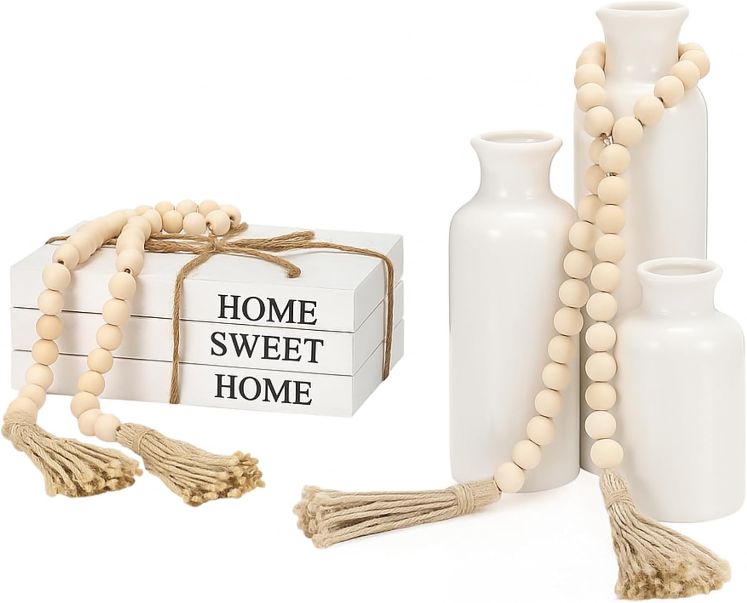Reallnaive 8 Pcs Rustic Vase Centerpieces Set Included Boho Ceramic Vase Decorative Books Wood Bead Garland with Tassels for Farmhouse Table Island Living Room Decor(Home Sweet Home)