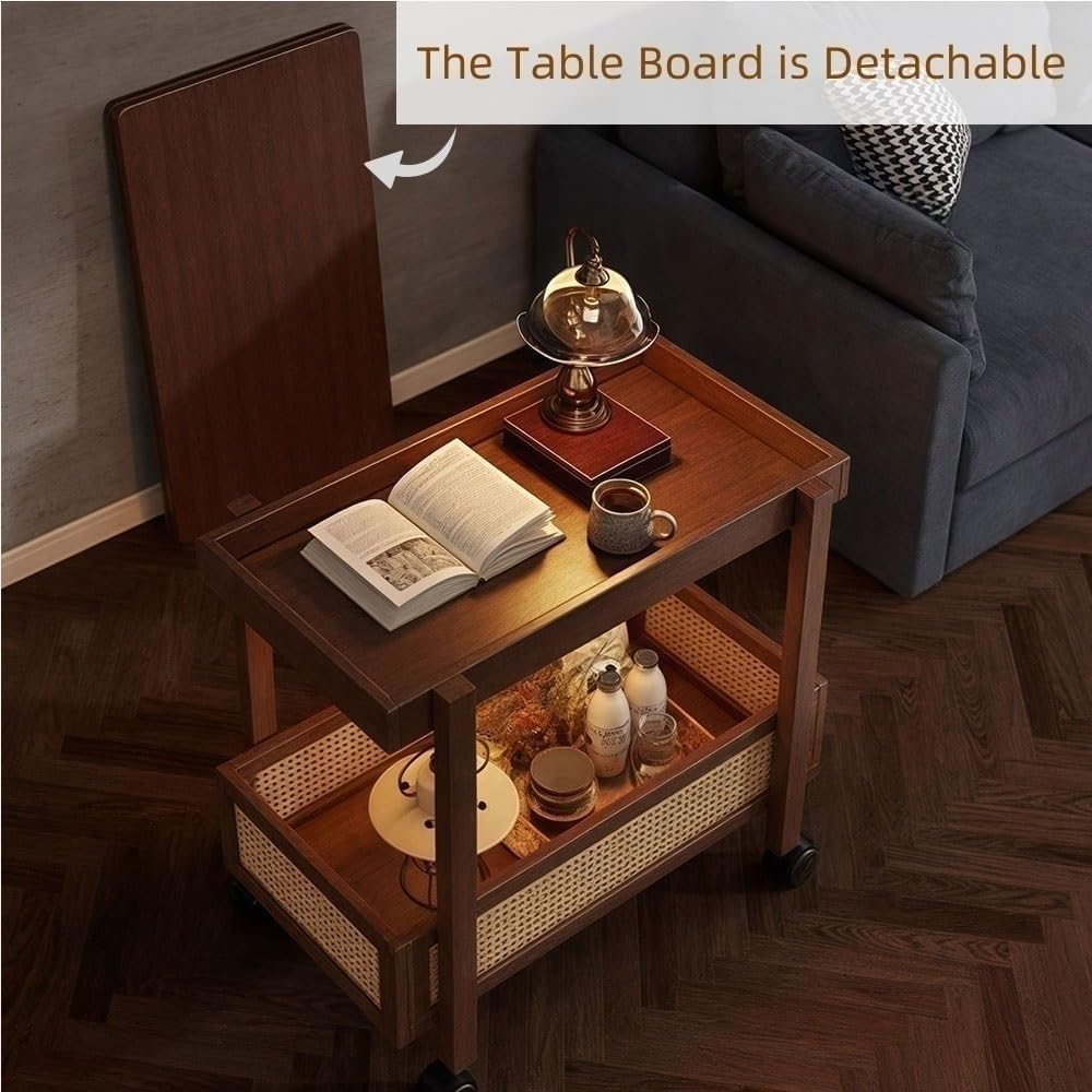 Expandable Wooden Coffee Table with Wheels Side Table with Storage Basket Removable Tabletop Rolling Cart for Living Room Lightweight