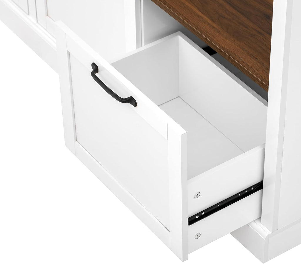 VilroCaz Versatile Wide Hall Tree with Storage Cabinet, Adjustable Side Shelves, Doors and 4 Hooks, Brown Wood Grain Shoe Bench with 2 Drawers, Entryway Coat Rack for Living Room Hallway (White-3.19)