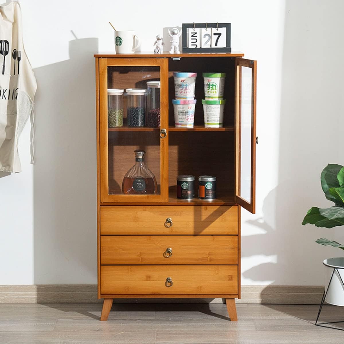Gdrasuya10 Bamboo Buffet Sideboard Kitchen Pantry Storage Cabinet, 43inch Pantry Sideboard Cabinet with 3 Drawers Kitchen Cupboard Buffet Server Coffee Bar Storage Cabinét for Dinning Room