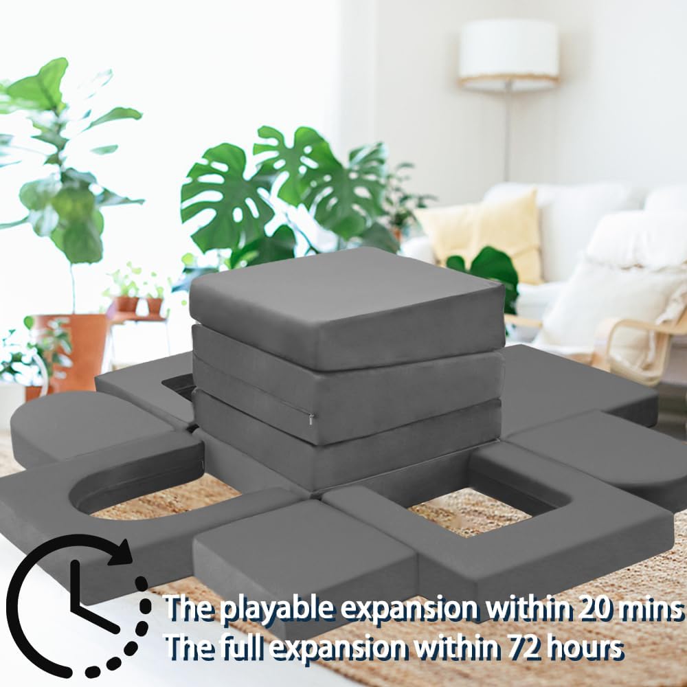 12PCS Modular Kids Play Couch Child Convertible Building Fort Sofa and Cushion DIY Floor Sofa for Playroom Bedroom (Dark Grey)