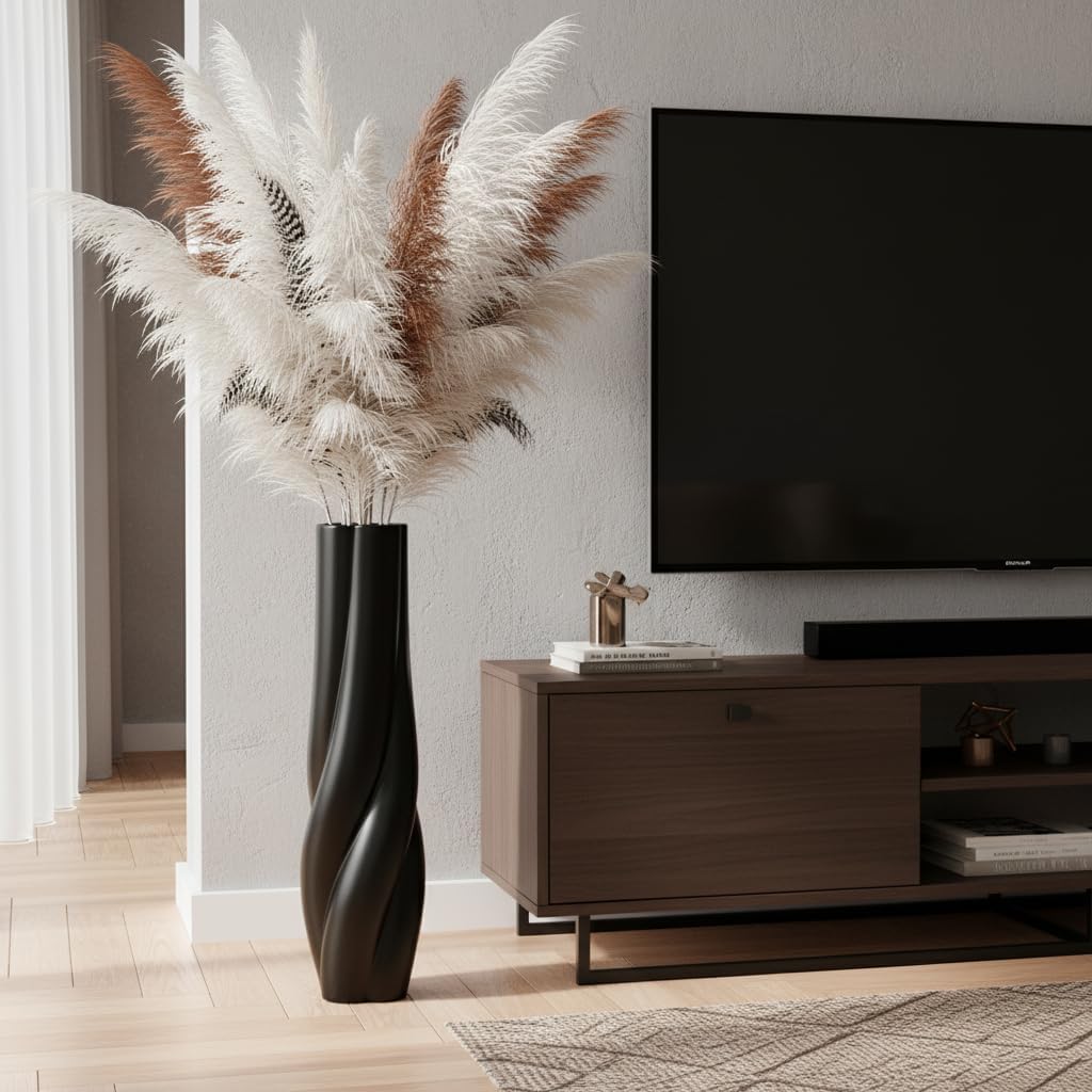 Modern Black Floor Vase, 24 Inch Tall Resin Home Decor Vases, Large Sturdy Vase for Living Room, Office, Bedroom Decor with 5" Opening for Dried Pampas Grass, Branches & Feathers