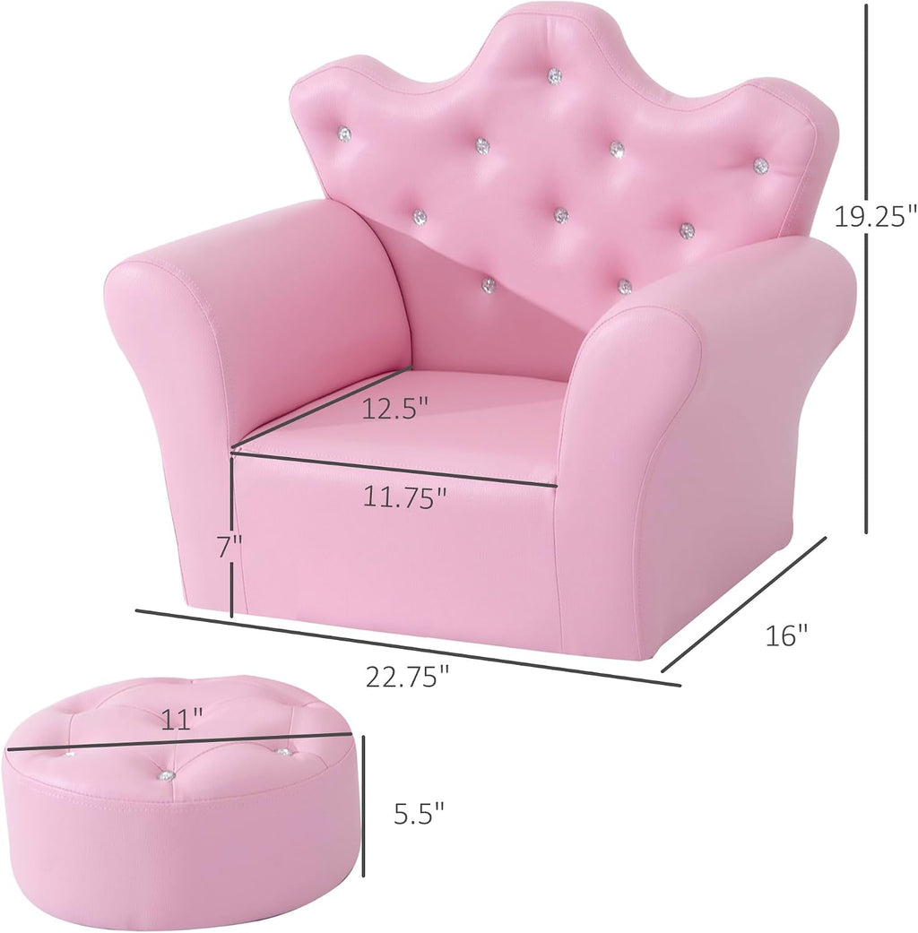 Qaba Kids Sofa Set, Children's Upholstered Sofa with Footstool, Princess Sofa with Diamond Decorations, Baby Sofa Chair for Toddlers, Girls, Pink