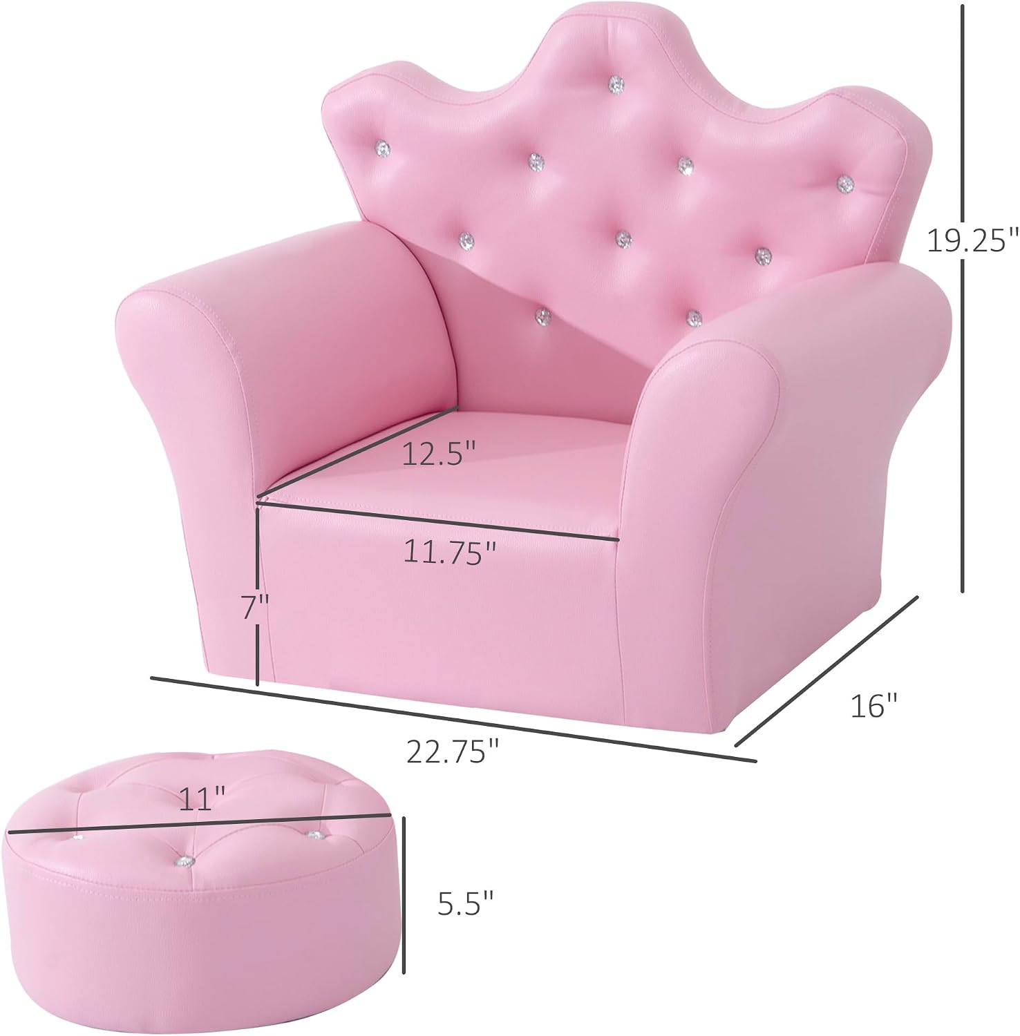 Qaba Kids Sofa Set, Children's Upholstered Sofa with Footstool, Princess Sofa with Diamond Decorations, Baby Sofa Chair for Toddlers, Girls, Pink