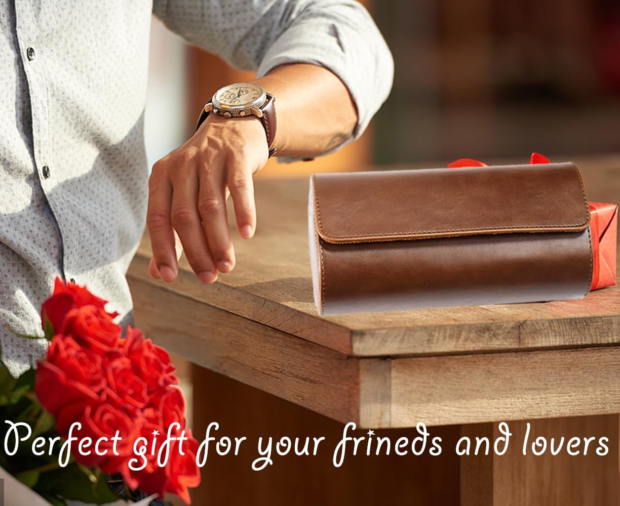 Watch Travel Case, Luxury Leather Watch Roll 3 Slot Organizer Box for Man and Woman, Jewelry Storage Case Gifts for Husband, Dad Birthday Christmas Anniversary (Dark Brown-3slot)