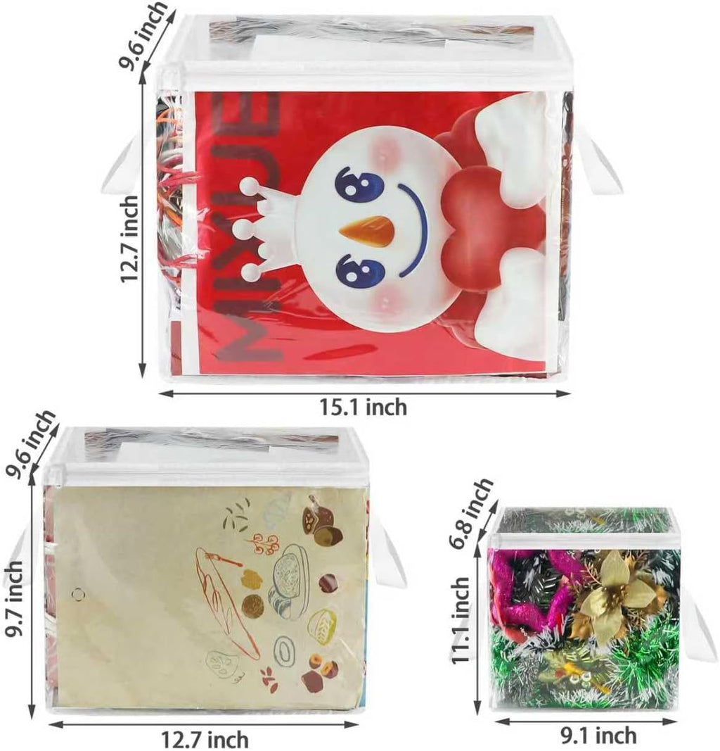 3 Pack Clear Zippered Gift Bag Storage Organizer with Handles,Organize Your Gift Wrap,Tissue Paper, Tape,Bow, Ribbon,Card,Ornament-Christmas Wrapping Supplies Storage Bag-3 Different Sizes（L+M+S)
