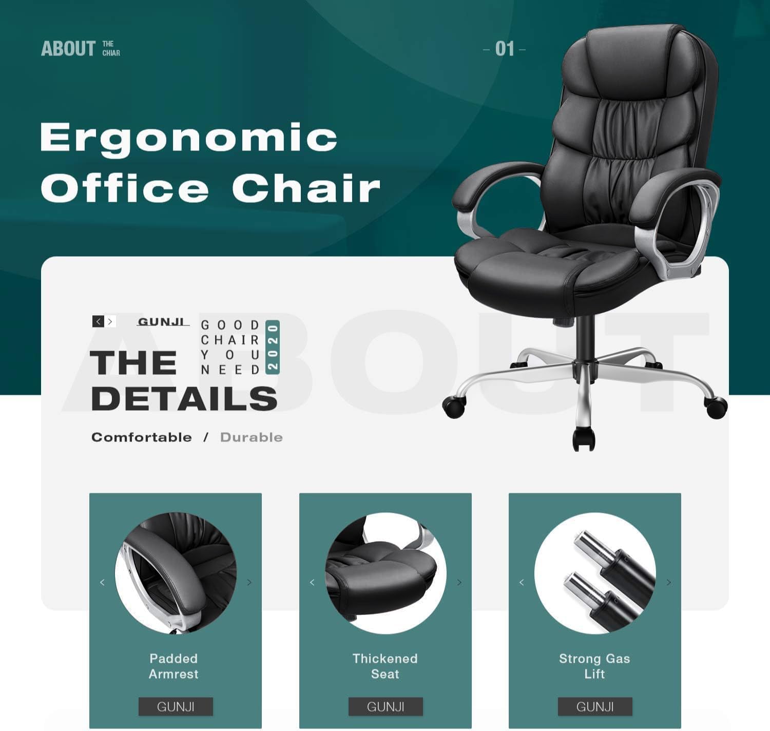 GUNJI Office Chair PU Leather High Back Executive Chair Ergonomic Computer Chair, Modern Adjustable Home Desk Chair Swivel Managerial Chair with Padded Armrests and Lumbar Support (Black)