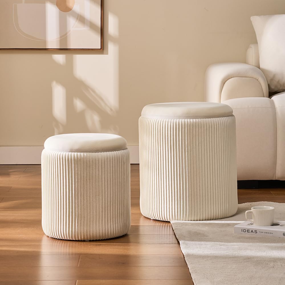 BLEXA Round Set of 2 Ottoman with Storage-Upholstered Velvet Vanity Stool for Makeup Multifunctional Ottomans Coffee Table Padded Seat Foot Rest for Living Room&Bedroom(White)