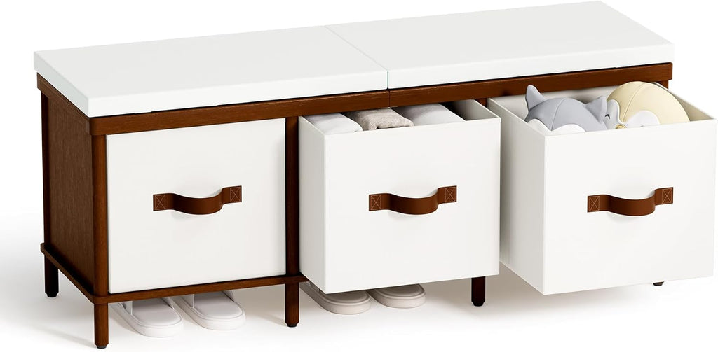 Storage Bench, 43.3" Bamboo Storage Chest with 3 Drawer, Entryway Bench with Cushioned Seat, Shoe Bench with Storage Toy Box, Toy Chest Storage Bench for Entryway, Living Room, Bedroom, Walnut