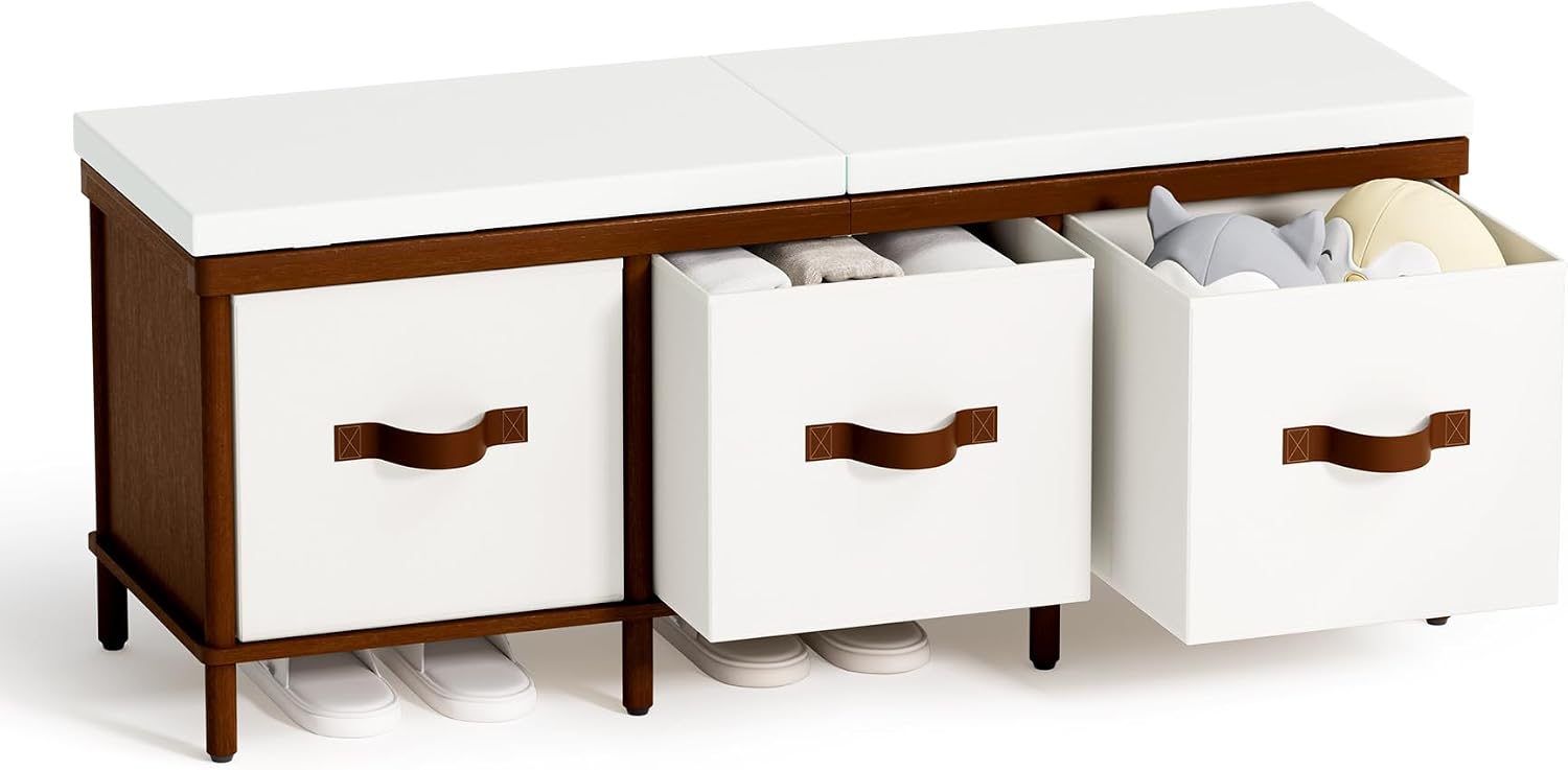 Storage Bench, 43.3" Bamboo Storage Chest with 3 Drawer, Entryway Bench with Cushioned Seat, Shoe Bench with Storage Toy Box, Toy Chest Storage Bench for Entryway, Living Room, Bedroom, Walnut