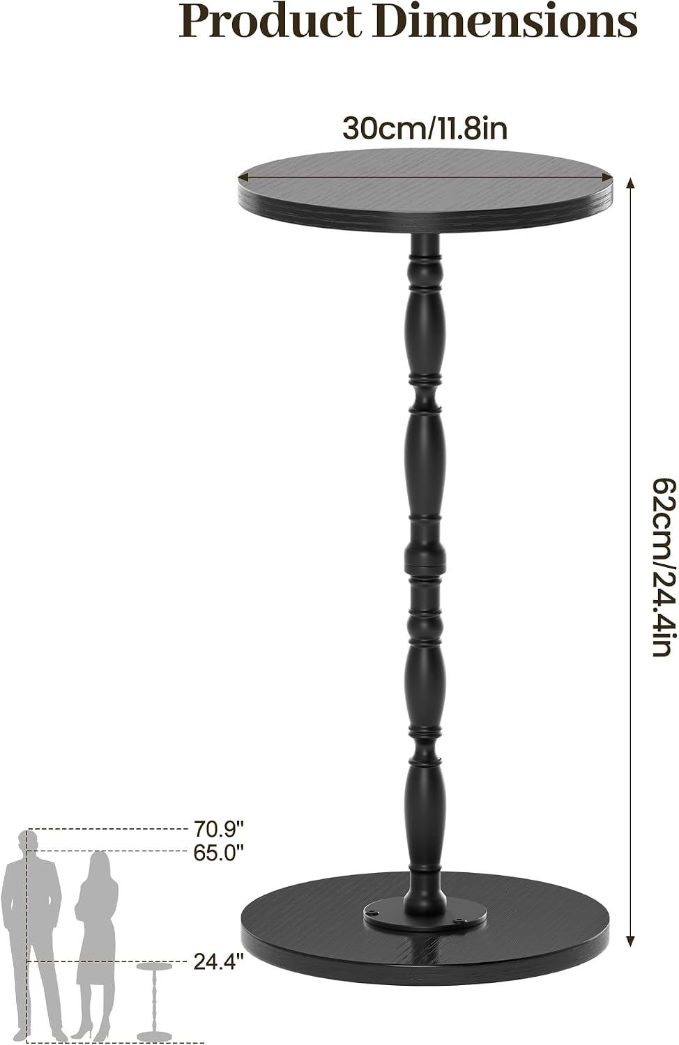 Round Side Table, Drink Table for Small Spaces, Vintage Accent Side Table, Pedestal End Tables for Bedroom, Living Room, Sofa Couch and Corners, Black