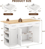 Dripex 53'' Rolling Kitchen Island with Power Outlet, Drop Leaf & Trash Can Storage, Large Island Cart on Wheels with Rubberwood Top, 4 Drawers, Open Shelves, for Kitchen, Dining Room (White)
