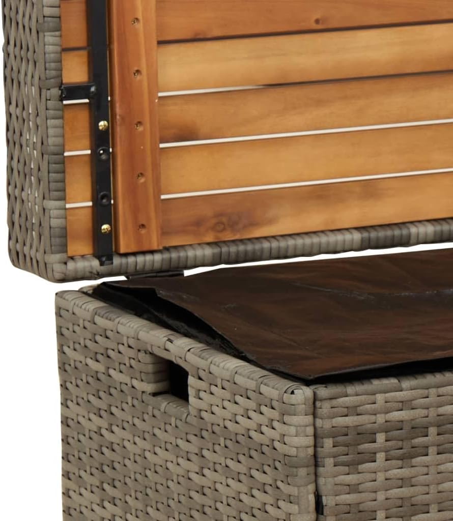 Grey and Brown Storage Bench with Gas Spring Lid, Poly Rattan and Acacia Wood, UV Resistant Water-Resistant Outdoor Indoor Seating for Patio Balcony Garden, Ample Storage