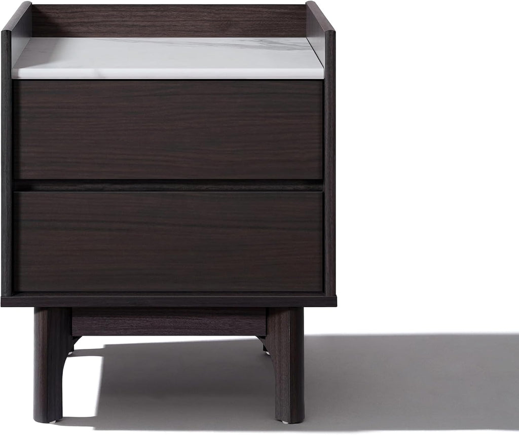LuxenHome Modern 2 Drawers Nightstand with Faux Marble Top, 23'' Wood Accent Side Tables with Storage, Tray-Edge Design Bedside Table for Bedroom Living Room Sofa Office, End Table for Small Spaces