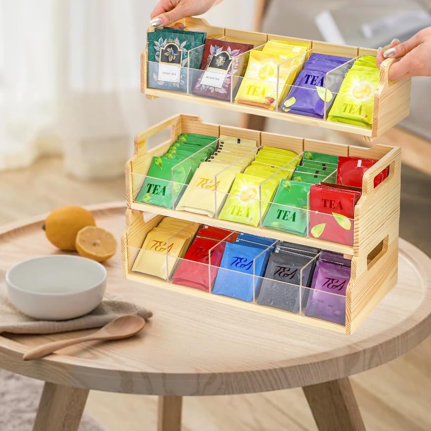 ZAVOOS Tea Bag Organizer, 3 Tier Large Stackable Tea Station Storage Box with 15 Compartments, Wooden Teabag Holder Sugar Packets Chest with Acrylic Divider for Kitchen, Countertop, Cabinet, Pantry