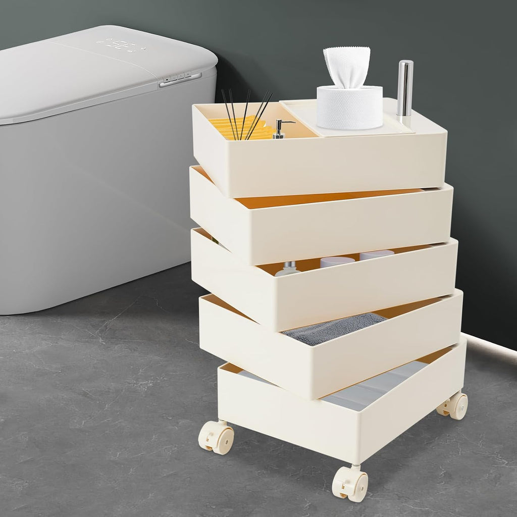 360° Rotating Side Table with 5 Drawers, Movable Storage End Table Sofa Side Cabinet with 4 Universal Casters With Brakes, Rotating Storage Rack 16.3*12.4*24in for Living Room, Bedroom, Office (White)