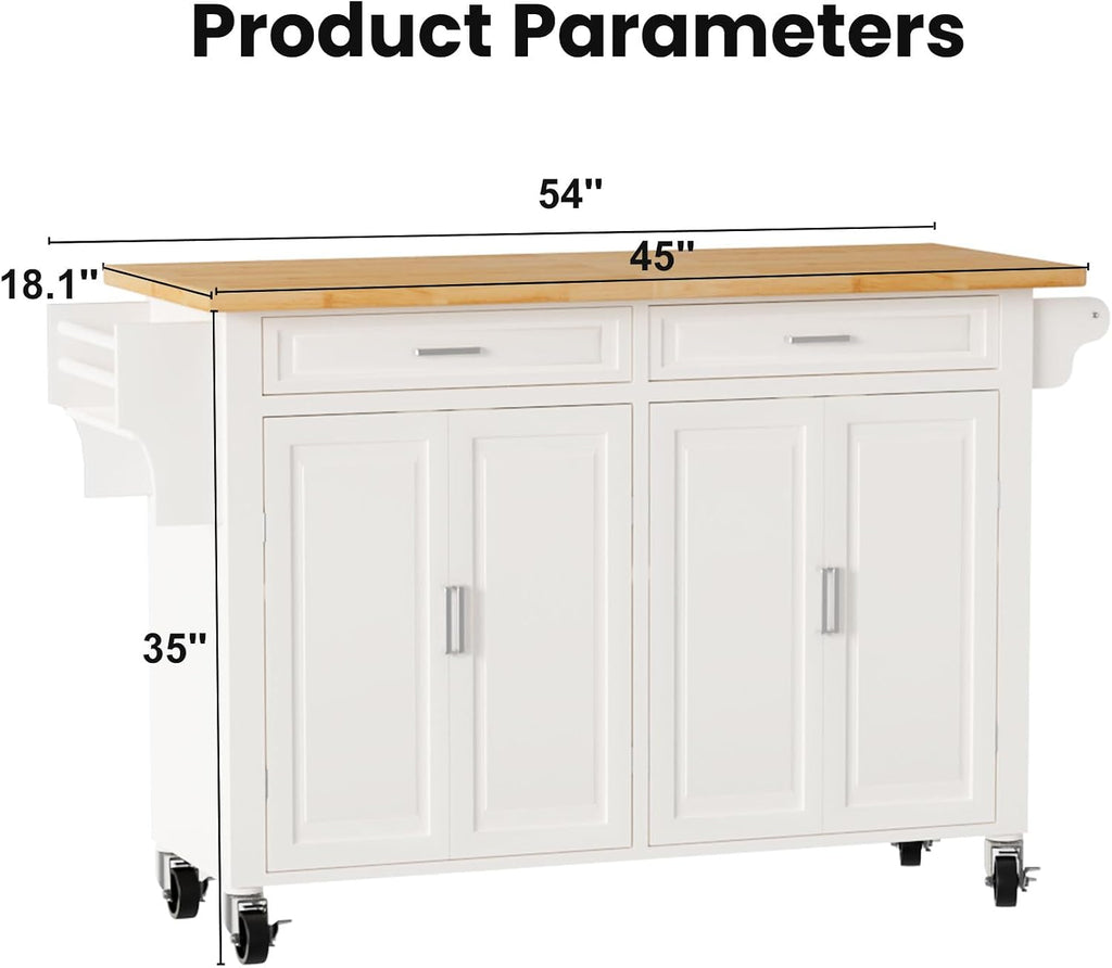 Kitchen Island with Storage 54" Large Rolling Kitchen Island Cart On Wheels 2 Cabinets 2 Drawers,Spice Towl Rack Mobile Kitchen Table White (No Drop Leaf)