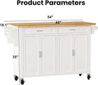 Kitchen Island with Storage 54" Large Rolling Kitchen Island Cart On Wheels 2 Cabinets 2 Drawers,Spice Towl Rack Mobile Kitchen Table White (No Drop Leaf)