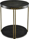 Modern Vintage Round End Table, 22” 2-Tier Sofa Side Table with Black Wood Top and Brass Metal Frame for Living Room, Bedroom