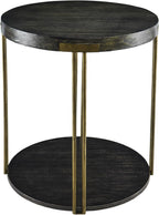 Modern Vintage Round End Table, 22” 2-Tier Sofa Side Table with Black Wood Top and Brass Metal Frame for Living Room, Bedroom