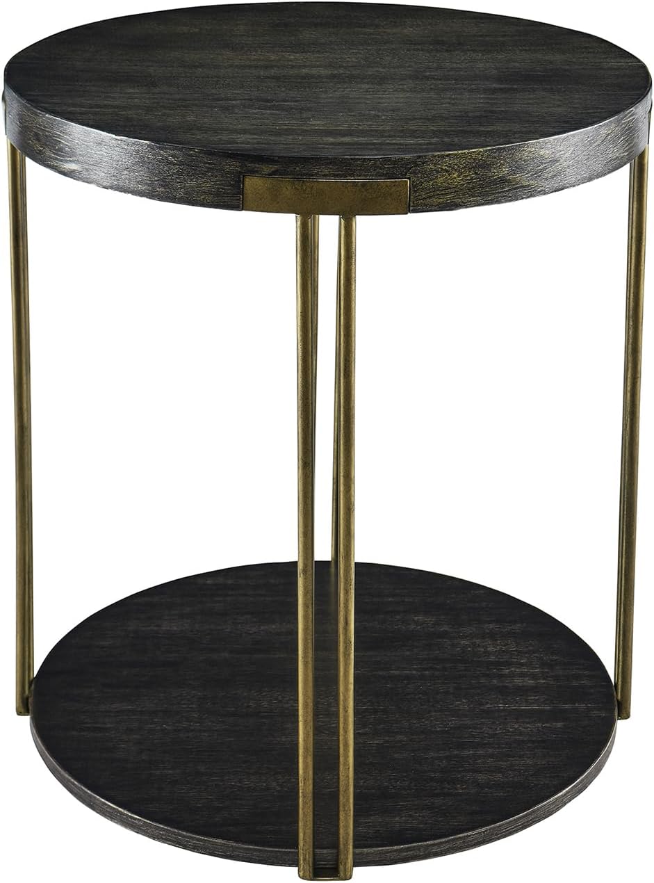 Modern Vintage Round End Table, 22” 2-Tier Sofa Side Table with Black Wood Top and Brass Metal Frame for Living Room, Bedroom