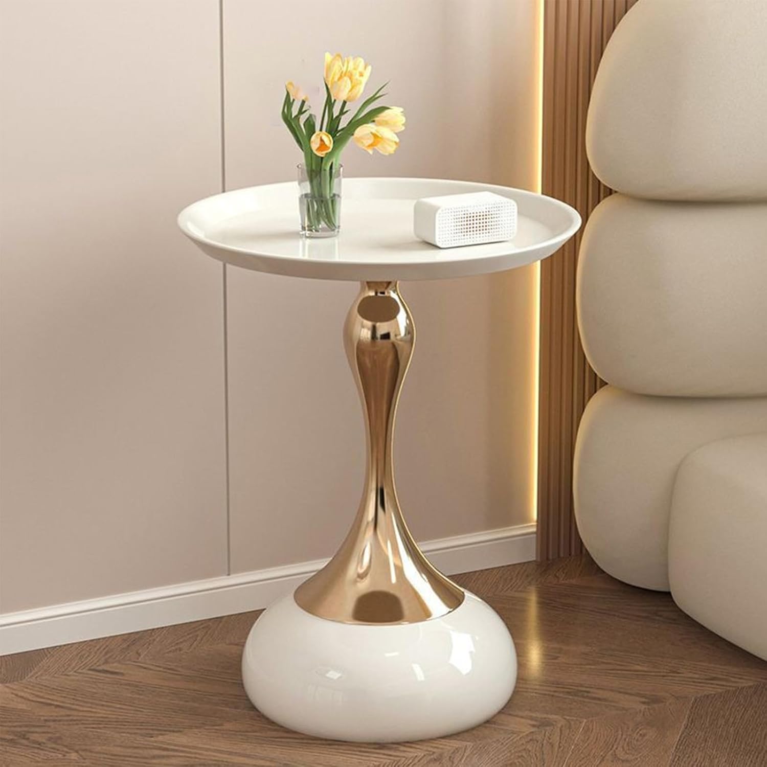 Small Round Side Table, 21.7" H Pedestal Metal End Table for Small Spaces Modern Simple Drink Table White Gold Martini Table for Living Room Bedroom (White)
