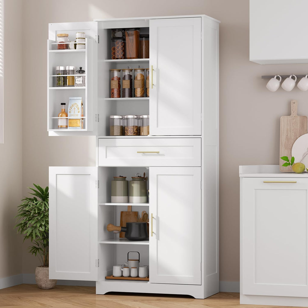 70.9" Tall Pantry Cabinet, Kitchen Pantry Storage Cabinet, Freestanding Food Pantry Cabinet with 4 Doors and Adjustable Shelves, Cupboard with Drawer for Kitchen, Living Room, White