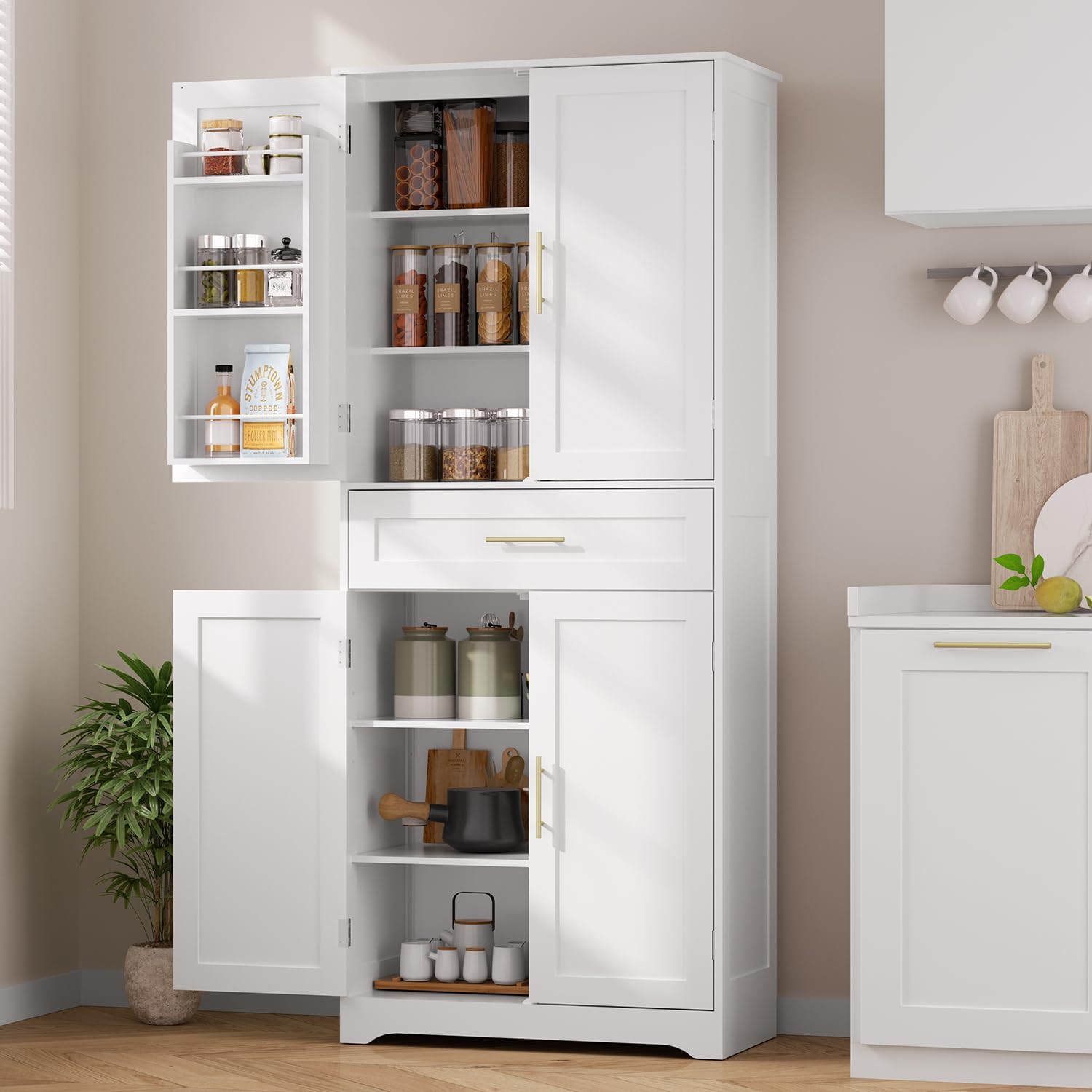 70.9" Tall Pantry Cabinet, Kitchen Pantry Storage Cabinet, Freestanding Food Pantry Cabinet with 4 Doors and Adjustable Shelves, Cupboard with Drawer for Kitchen, Living Room, White
