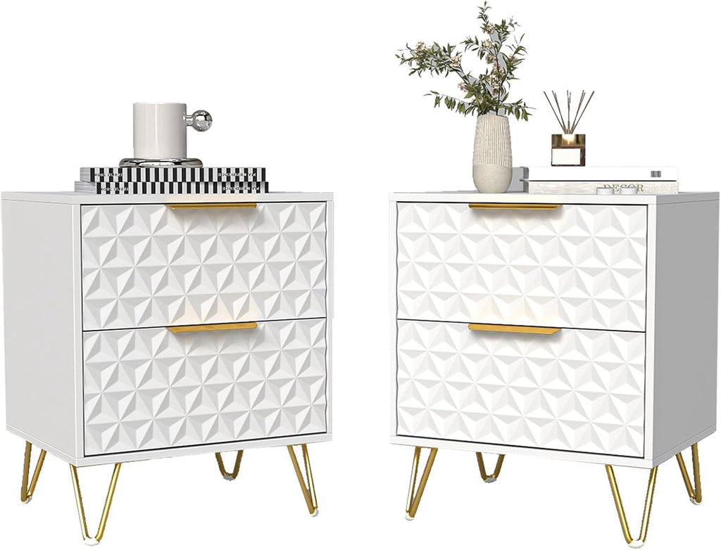White and Gold Nightstand Set of 2,Modern Bedside Tables Set of 2 with 2 Drawer for Bedroom,End Side Table with Gold Legs for Living Room