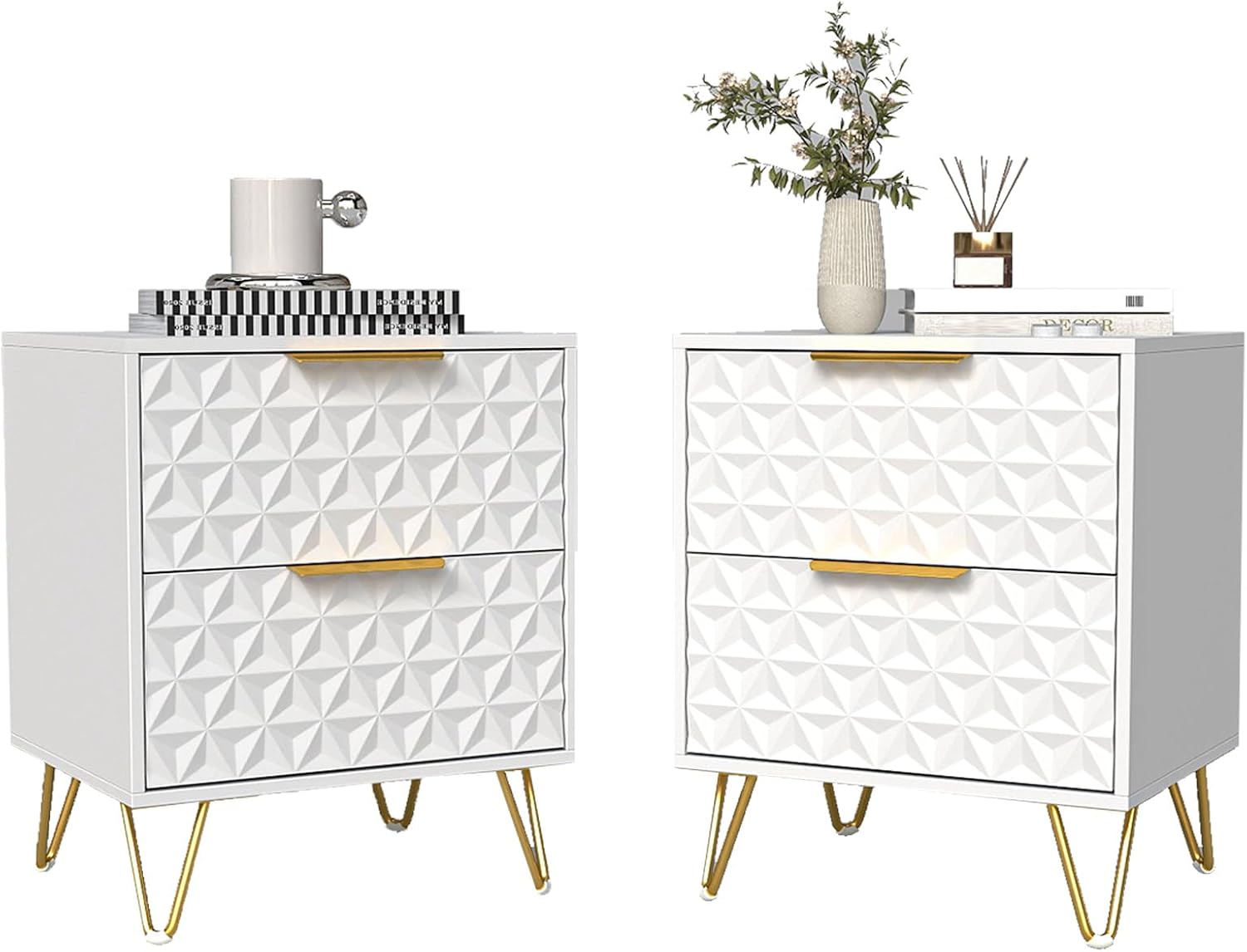 White and Gold Nightstand Set of 2,Modern Bedside Tables Set of 2 with 2 Drawer for Bedroom,End Side Table with Gold Legs for Living Room