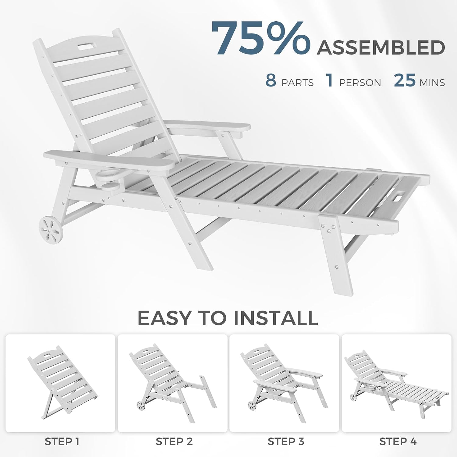 WACASA HDPE Pool Lounge Chairs Set of 2 with Wheels & Cup Holder, 6-Position Adjustable Lounge Chair Outdoor, Easy 20-Min Assembly, 450LBS Bearing, Pool Lounger for Patio, Deck, Backyard (White)