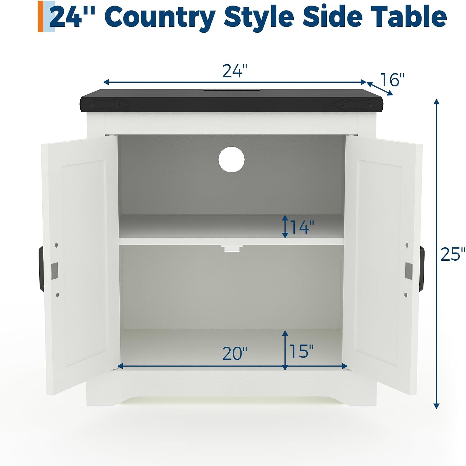 Takywep 24" White Farmhouse Side Table with USB Charging Station, Large Storage Cabinet & Sliding Barn Door, Rustic End Table or Nightstand for Living Room, Bedroom
