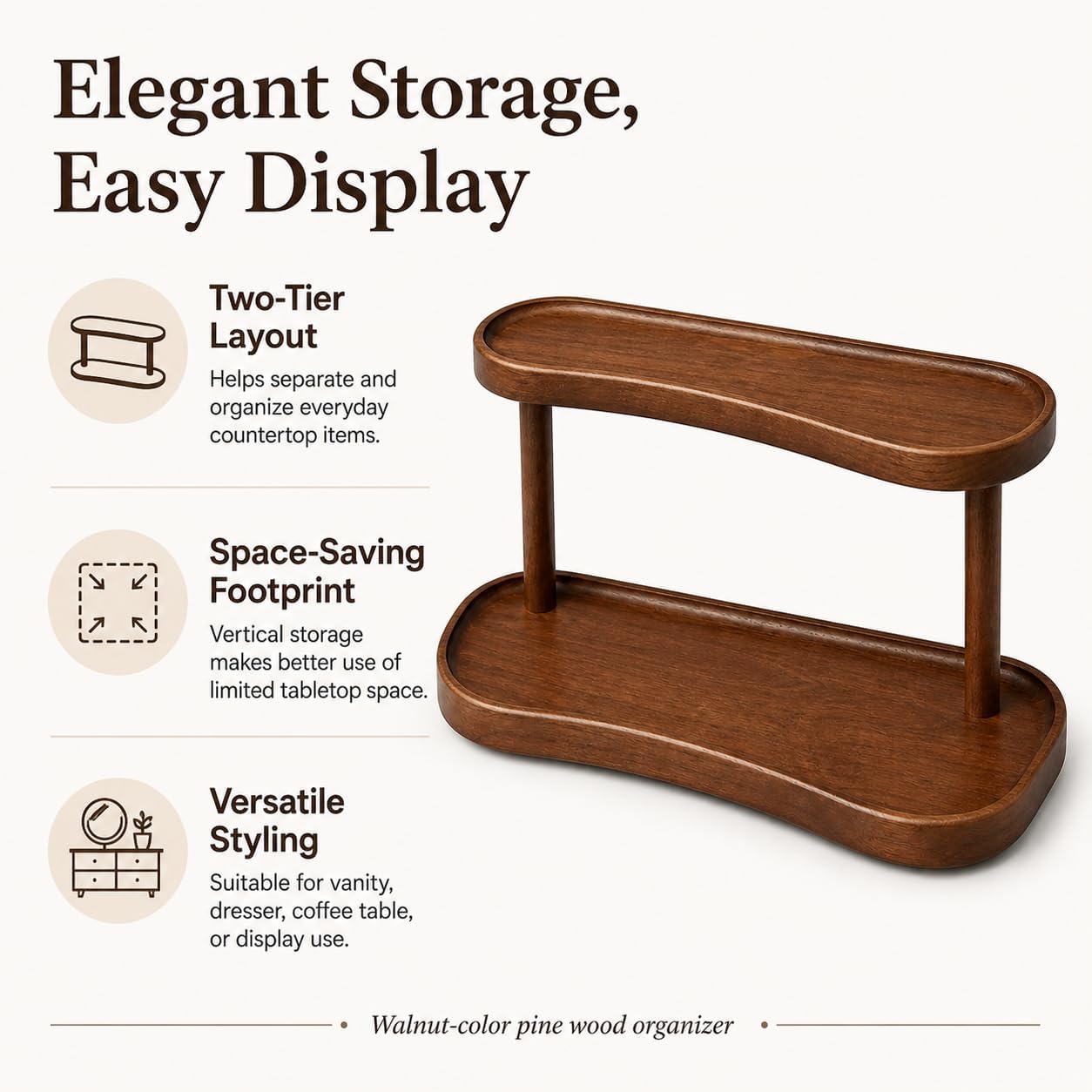Adkoat® Two Tier Bathroom Desktop Countertop Organizer - Pine Wooden Perfume Vanity Stand Counter Shelf for Cologne Skincare Makeup Dresser Organizer - Matcha Station | Mug Display - 12.6 x 6.3 x 7.5