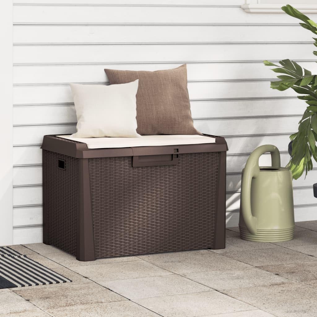 Patio Storage Box with Seat Cushion Brown 33 Gallon Resin Wicker Bench Container for Outdoor Garden Backyard Deck with Lockable Lid and Weather Resistant Design