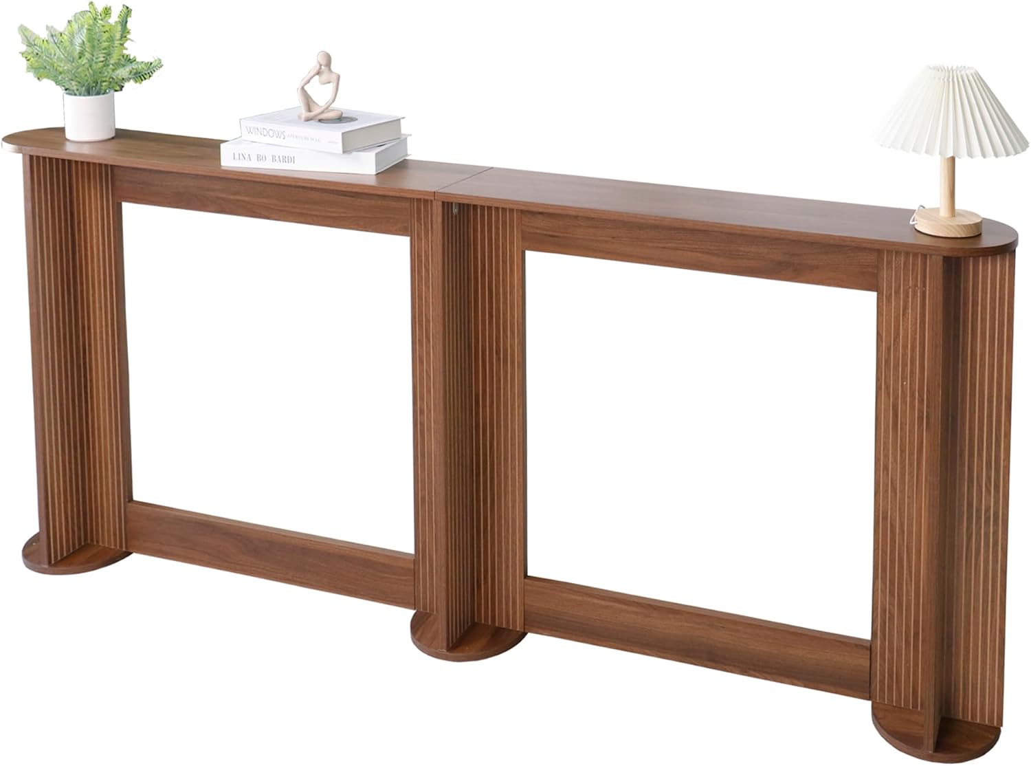 71 Inch Narrow Console Table Behind Couch, Mid-Century Modern Fluted Skinny Entryway Table, Long Slim Sofa Table for Hallway, Living Room, Wood, Brown, Walnut