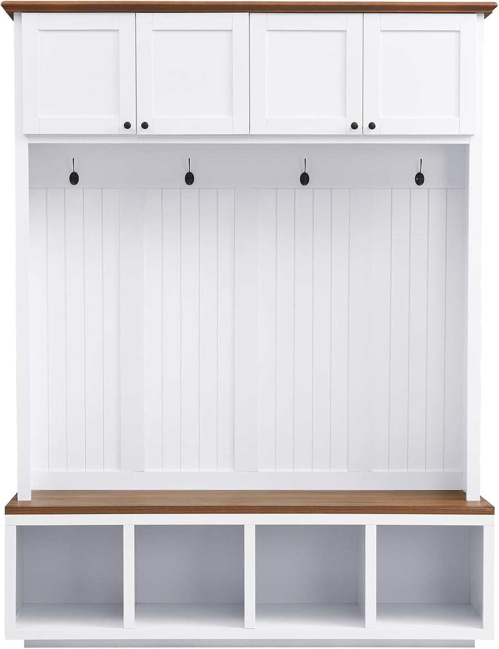LUMISOL 59''W Hall Tree with Bench and Shoe Storage, Mudroom Bench with 4 Hooks, Open Compartments, 4 Storage Cabinets, Entryway Organizer for Entrance, Hallway, White