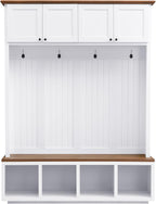 LUMISOL 59''W Hall Tree with Bench and Shoe Storage, Mudroom Bench with 4 Hooks, Open Compartments, 4 Storage Cabinets, Entryway Organizer for Entrance, Hallway, White
