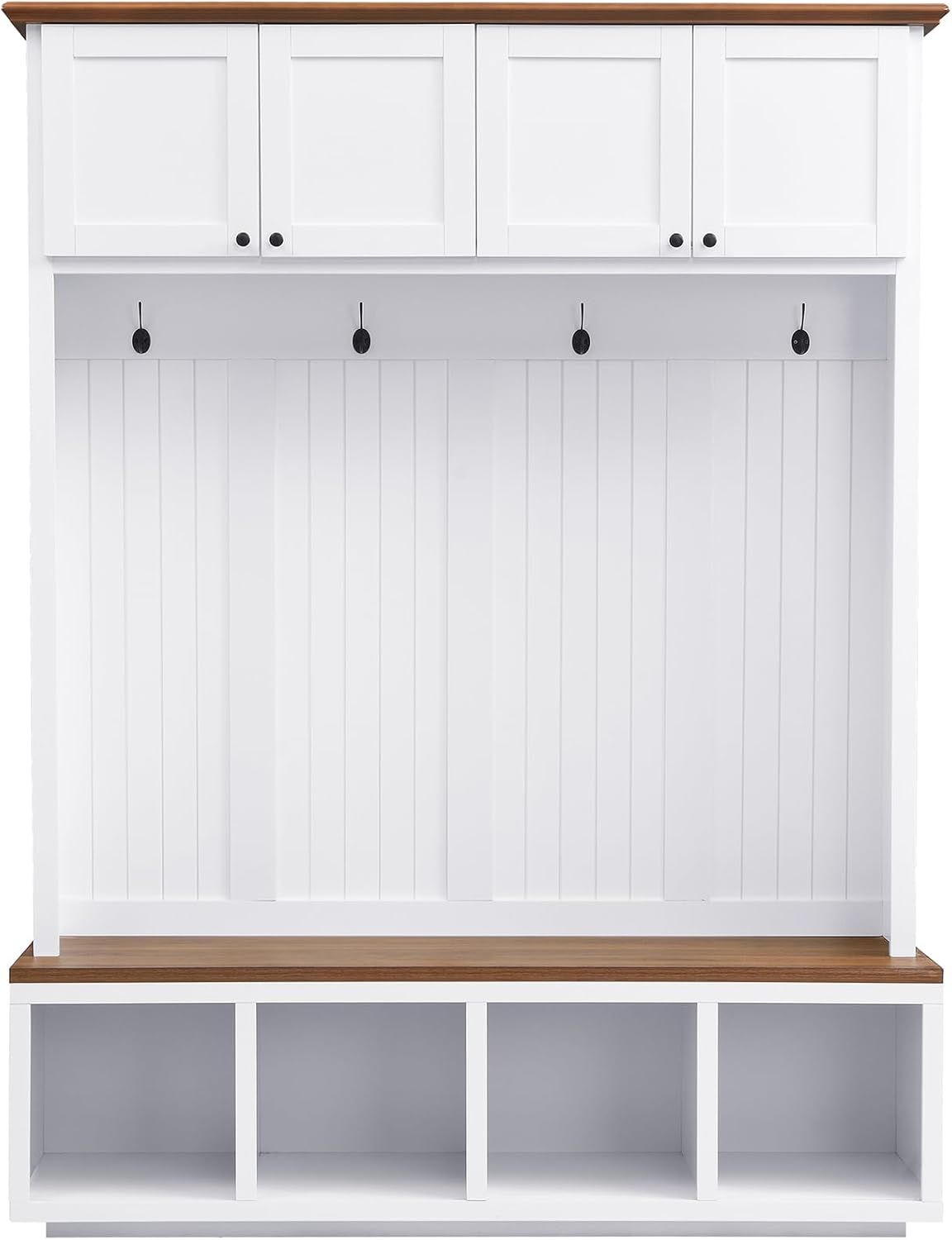 LUMISOL 59''W Hall Tree with Bench and Shoe Storage, Mudroom Bench with 4 Hooks, Open Compartments, 4 Storage Cabinets, Entryway Organizer for Entrance, Hallway, White