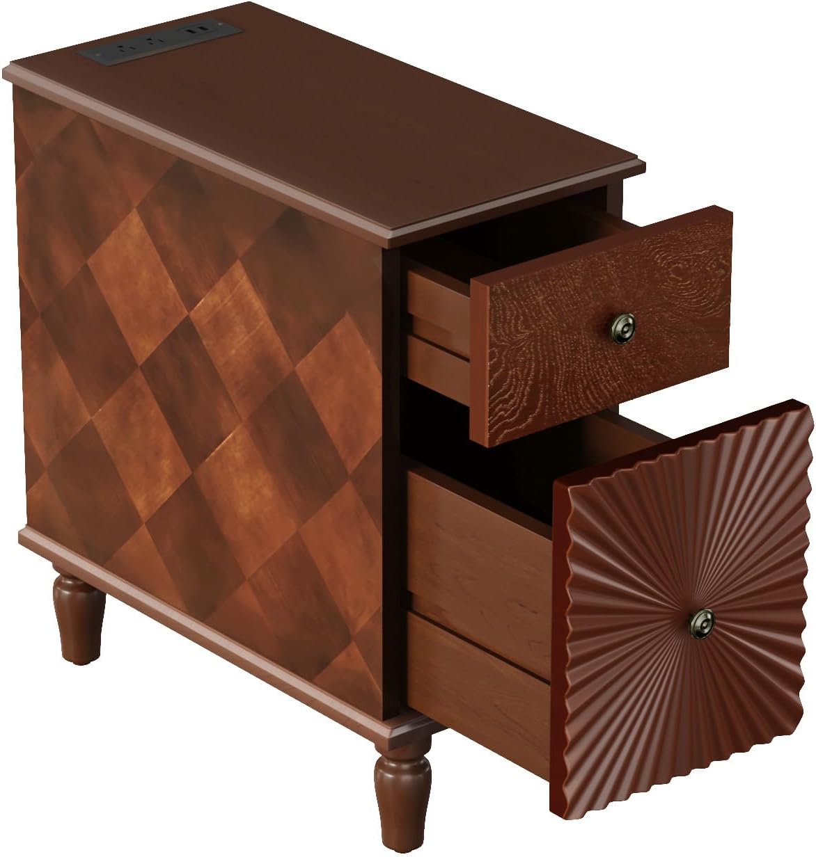 Mid Century Modern Narrow End Table with Charging Station, Skinny Side Table for Living Room, Slim Nightstand Bedside Table with Storage Drawers Sofa Side Table for Small Spaces Bedroom