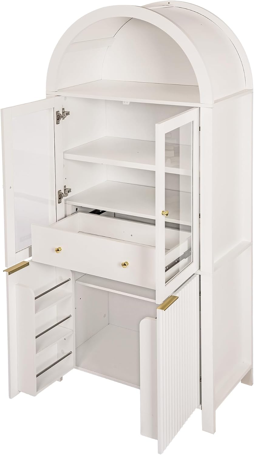 Fluted Tall Arched Pantry Cabinet with Adjustable Shelves & Hidden Drawer - Glass Door Storage for Kitchen, Living Room, Dining Room - Modern Elegant Display Unit (White)