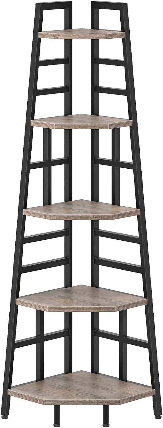 CHOEZON 70.1-Inch 5-Tier Tall Corner Shelf, Narrow Bookshelf for Small Spaces, Industrial Bookcase Display Stand for Living Room, Bedroom, Office, Greige TCJ25BG