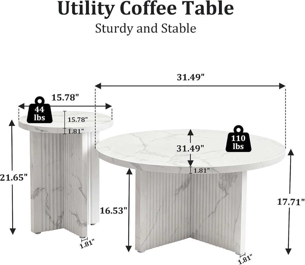 LEVNARY 2-Piece Round Coffee Table Set, 31.5" Coffee Table & 15.78" End Table, Marble-Look Top, Scalloped Fluted Base, Modern Living Room Table Set with Engineered Wood (White)