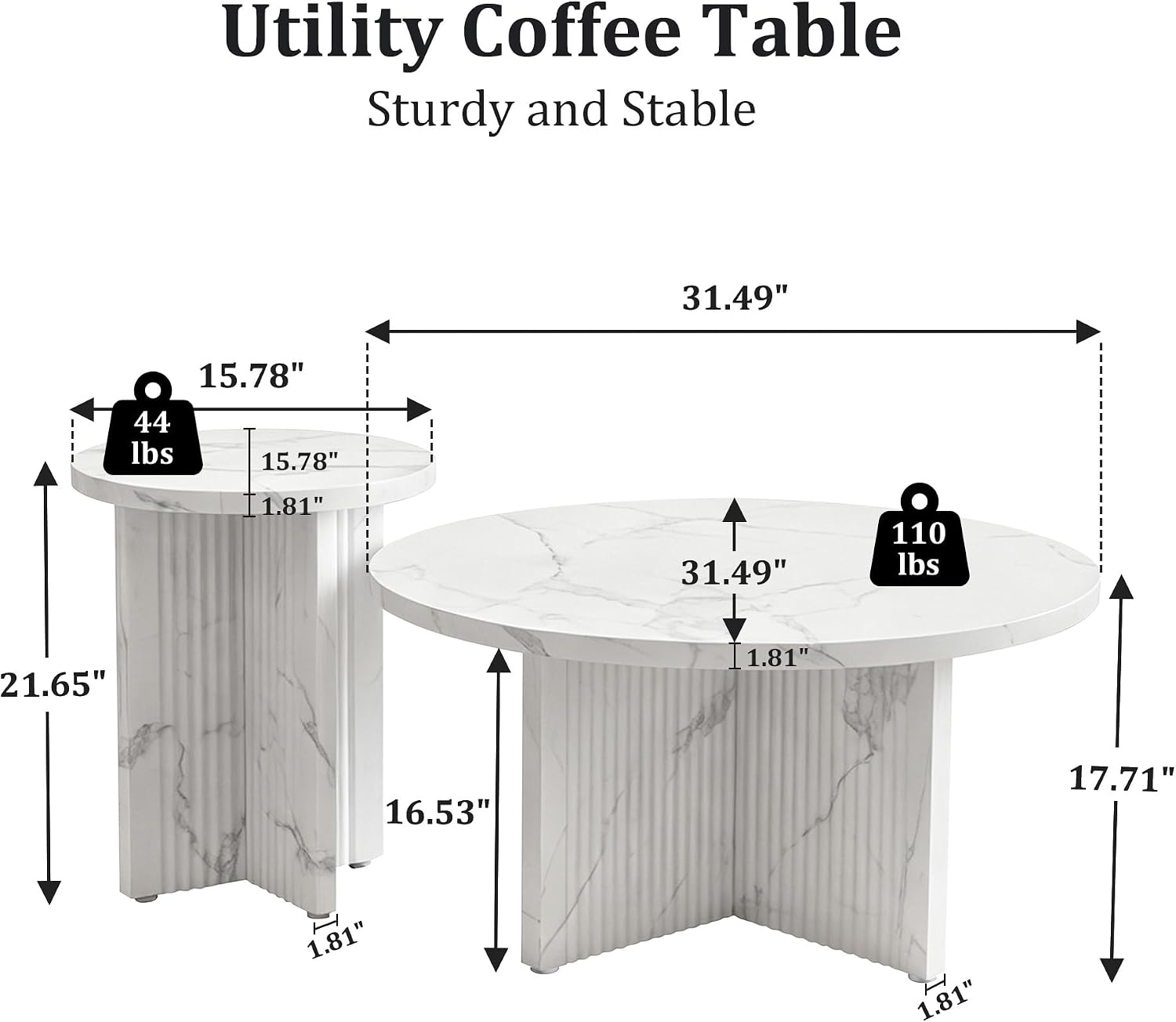 LEVNARY 2-Piece Round Coffee Table Set, 31.5" Coffee Table & 15.78" End Table, Marble-Look Top, Scalloped Fluted Base, Modern Living Room Table Set with Engineered Wood (White)