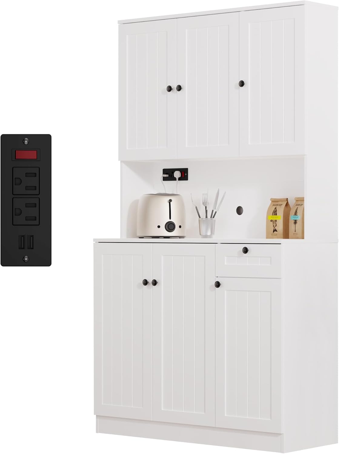 Furnify 71" H Pantry Cabinet with Charging Station, Tall Kitchen Pantry Storage Cabinet with Microwave Stand, Farmhouse Kitchen Hutch with Storage Drawer for Living Room, Dining Room, White