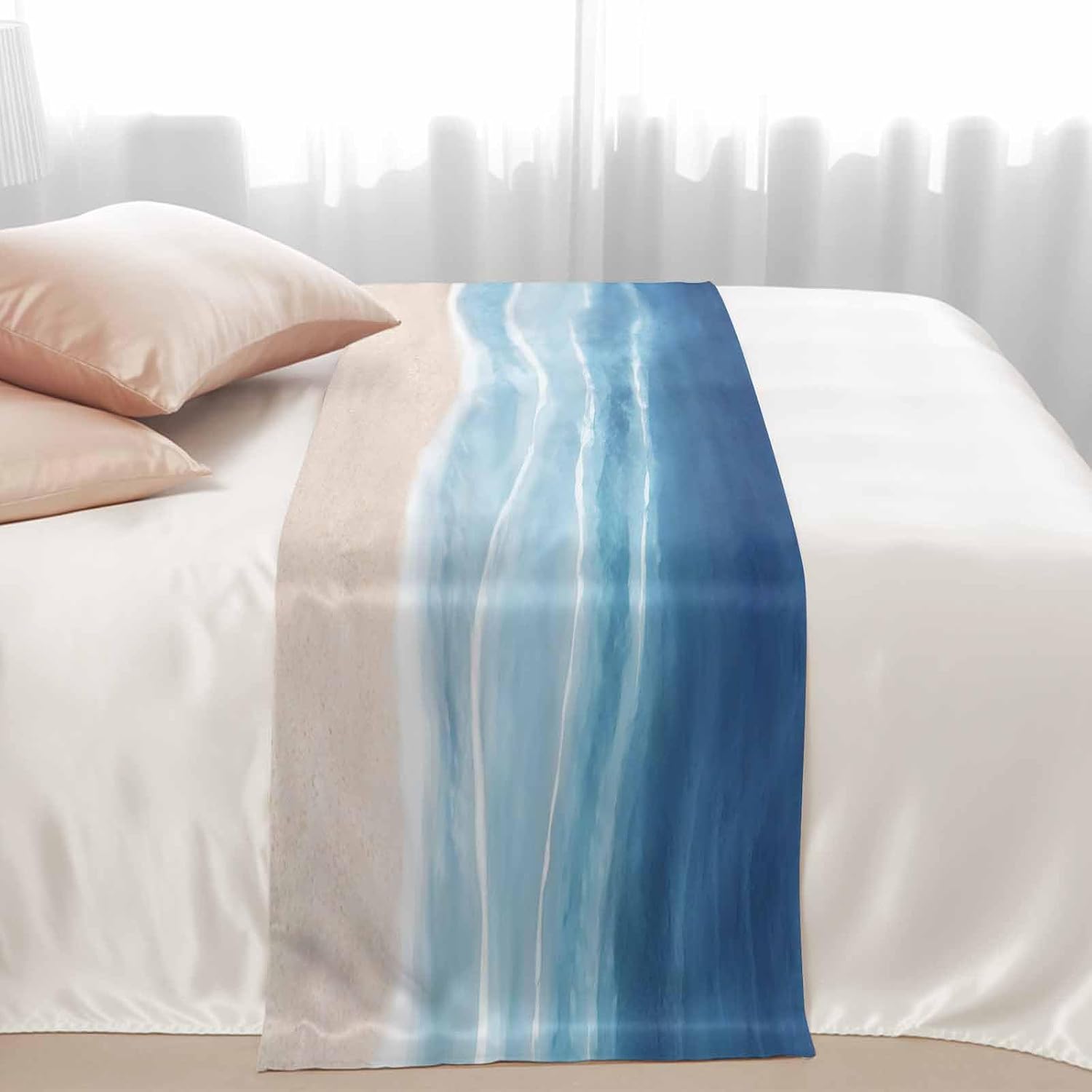 Bed Runner Scarf for Cal.King Size Bed, Navy Blue Coastal Beds Scarf Throws for Foot of Bedding, Waves Summer Beach Ocean Sea Decorative Beds Runners for Bedroom Guestroom, 102"x20"