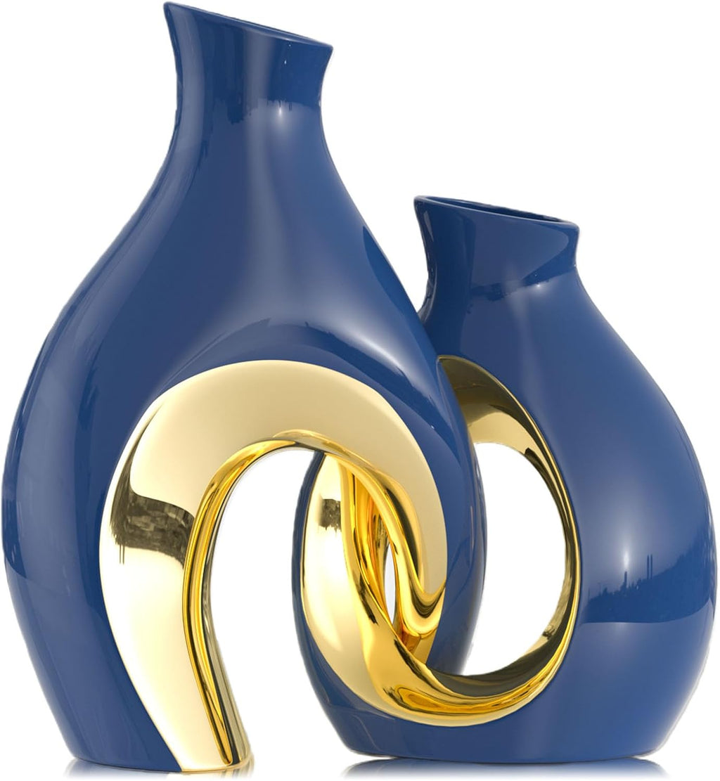 Hollow Ceramic Vase Set of 2,Nordic Modern Boho Decorative Ceramic Aesthetic Flower Vase for Home Decor,Minimalist Centerpiece Table Decorations,Wedding,Living Room,Bookshelf,Entryway (Blue)