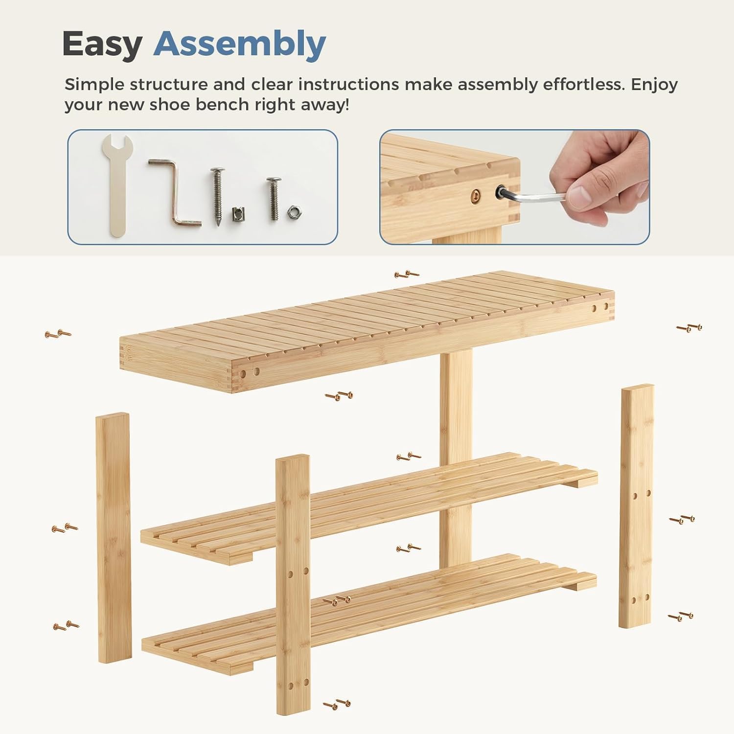 Simple Deluxe Shoe Rack Bench, 3-Tier Bamboo Storage Organizer, 286lb Capacity Entryway Bench for Front Door, Bedroom, Living Room, Bathroom, Balcony, Stylish Shoes Wood (11.3 x 35.4 x 17.8 Inches)