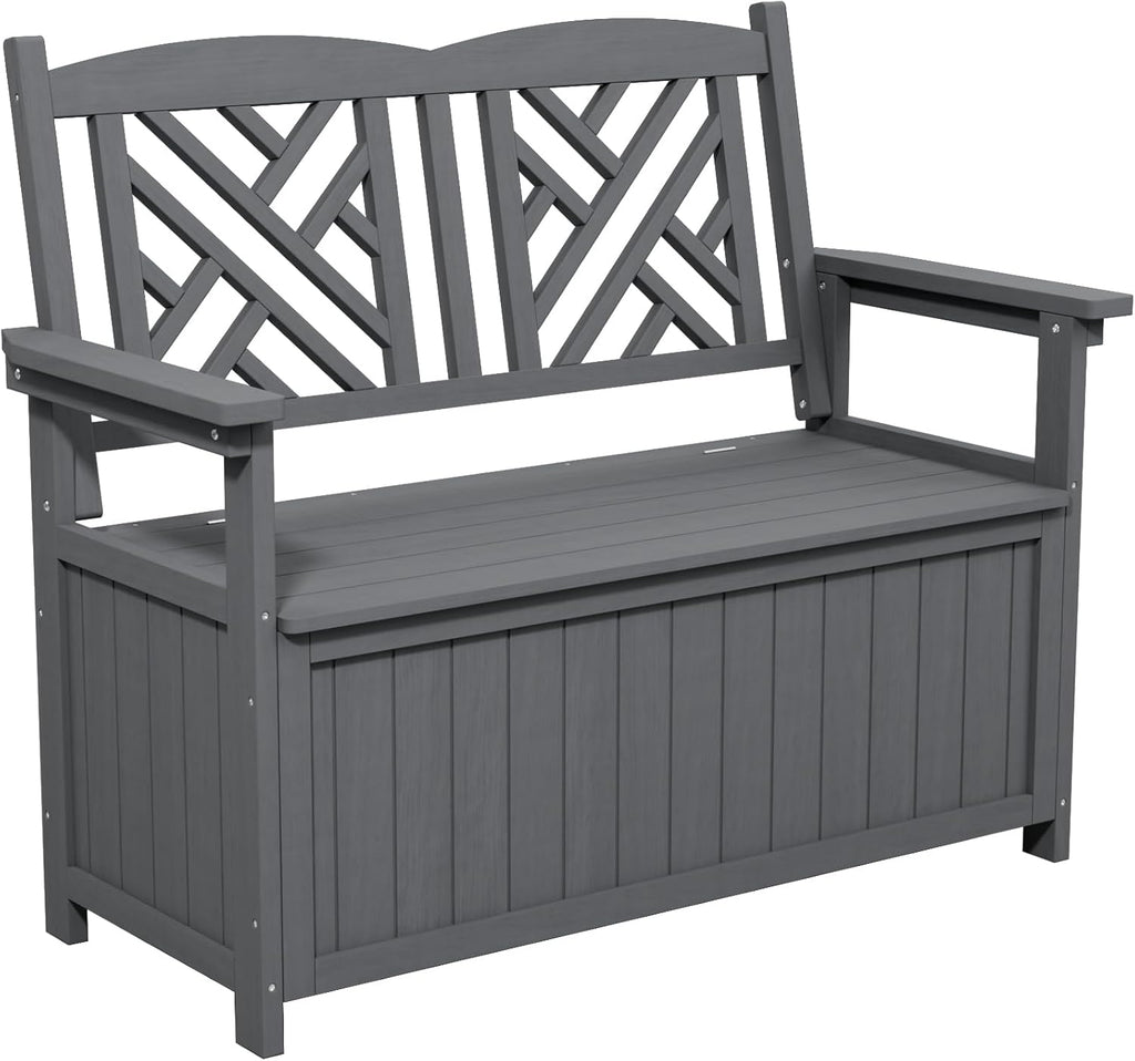 80 Gallon Outdoor Storage Bench Deck Box, Waterproof Weather Resistant Patio Bench with Armrests for Patio Garden and Porch, Large Capacity Storage Seat for Garden Tools, Cushions(Grey)