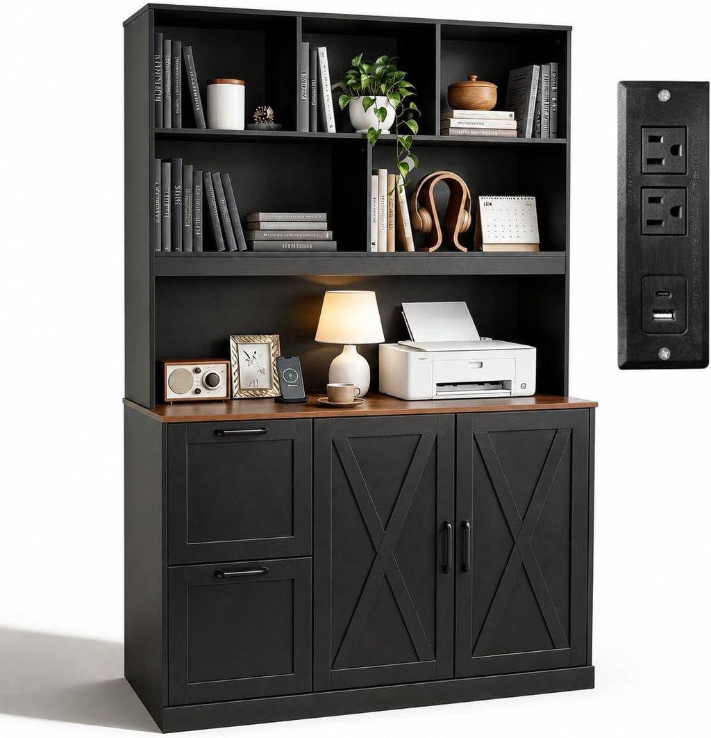 NORTHSKY 72'' Tall Bookshelf with Power Outlet, 2 Drawer File Cabinet for A4 Hanging Files, 3-Tier Open Shelves & Closed Storage Cabinets, Multifunctional Printer Stand - Black