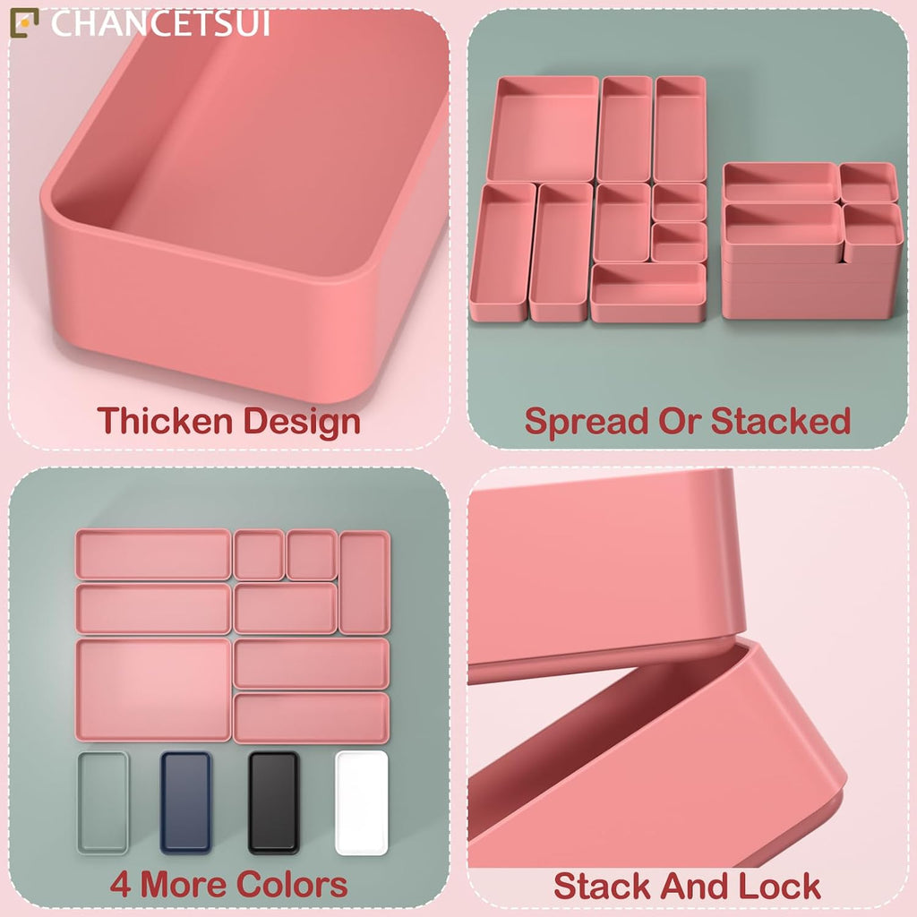 9 Pcs Stackable Drawer Organizer Trays Set, Multifunctional Stackable Storage Trays for Vanity, Bathroom, Kitchen, Desk Drawer Organizer Office. Plastic Drawer Organizers Available In 5 Colours, Rose